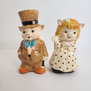 Vintage Ceramic Pig Couple Coin Bank Piggy‎ Bank Top Hat Dress Cute Adorable